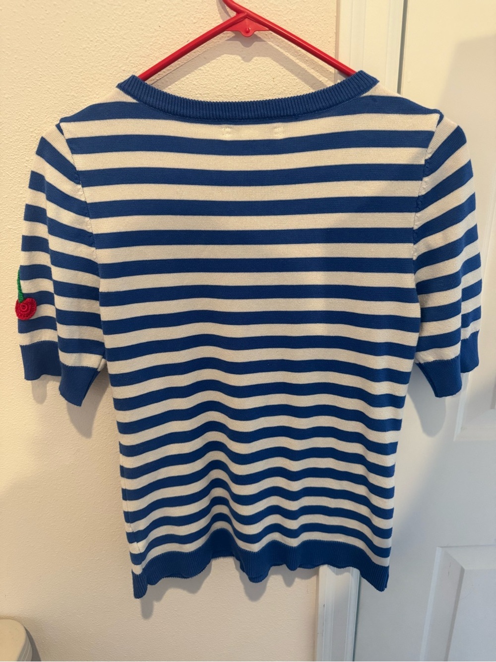 Blue & White Striped Cherry Embroidered Knit Sweater Top Size S - Picture 3 of 4
